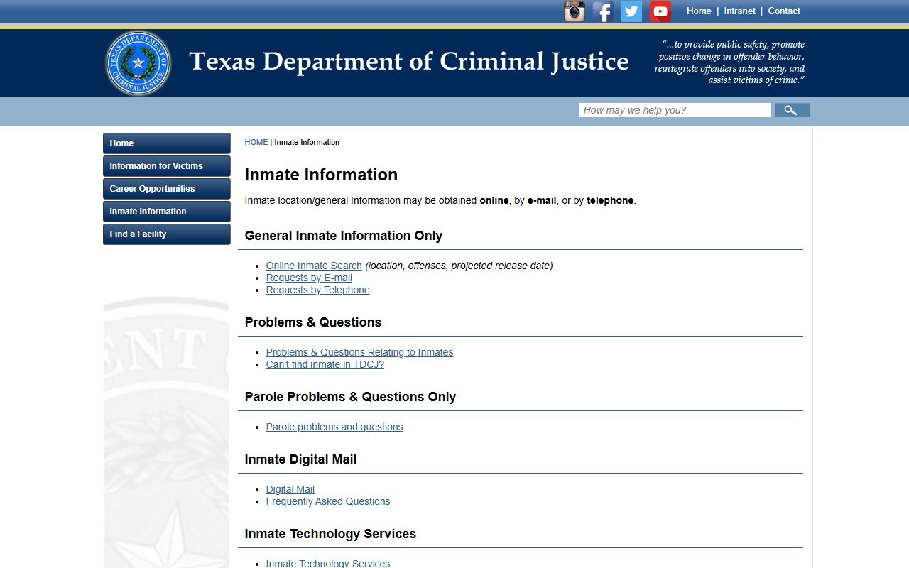 Texas TDCJ inmate information page for Tyler County state custody lookup