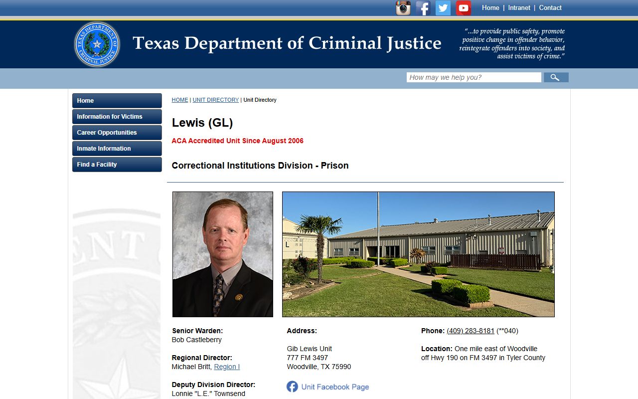 Gib Lewis Unit TDCJ inmate facility directory and prison details