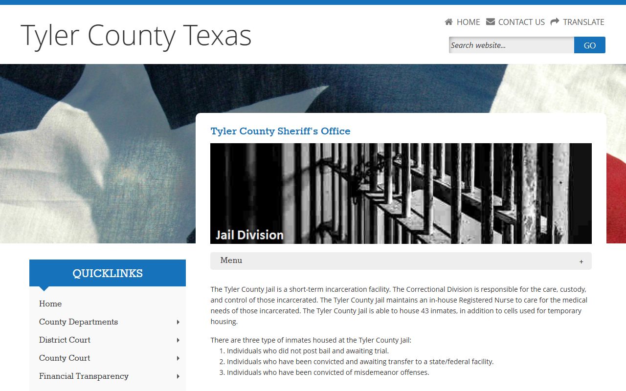 Tyler County Jail inmate population and jail rules page